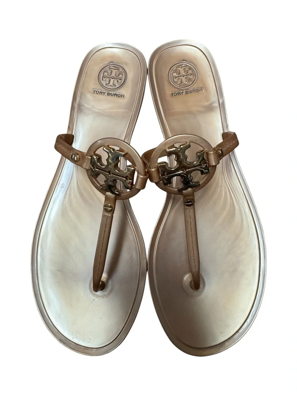 Tory Burch TB Mini Miller Metallic Logo Jelly Thong Slip On Sandals Rose Gold 10